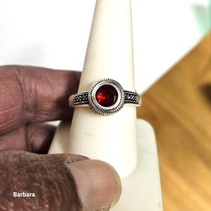 Red Crystal on Silver-tone Solitaire Ring, Size 8.75